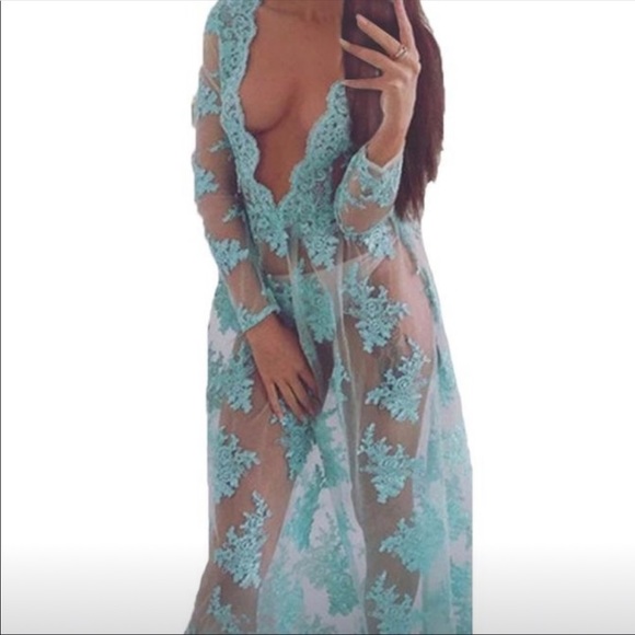 See Me In Aqua Lace Mesh Swim Maxi Dress Cover Up - Picture 2 of 2